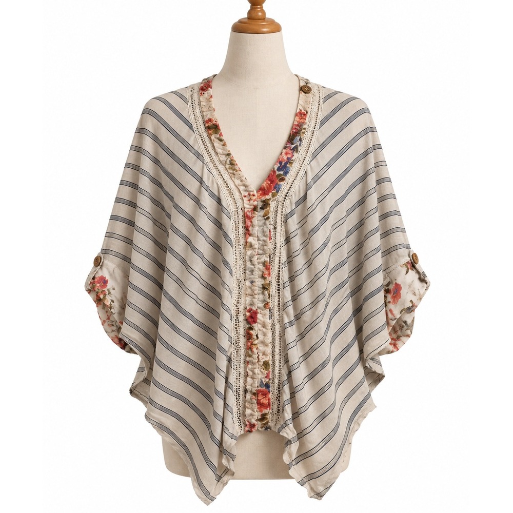 Gretty Zueger Womens BOHO Top Small Gray Striped Embroidered Dolman Sleeve